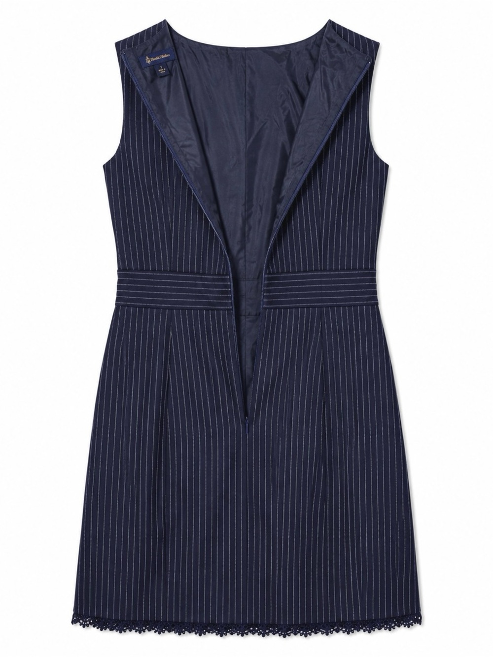Brooks Brothers sz 2 Sleeveless Navy White Pinstripe Midi Sheath Dress Lace Hem - Picture 4 of 7